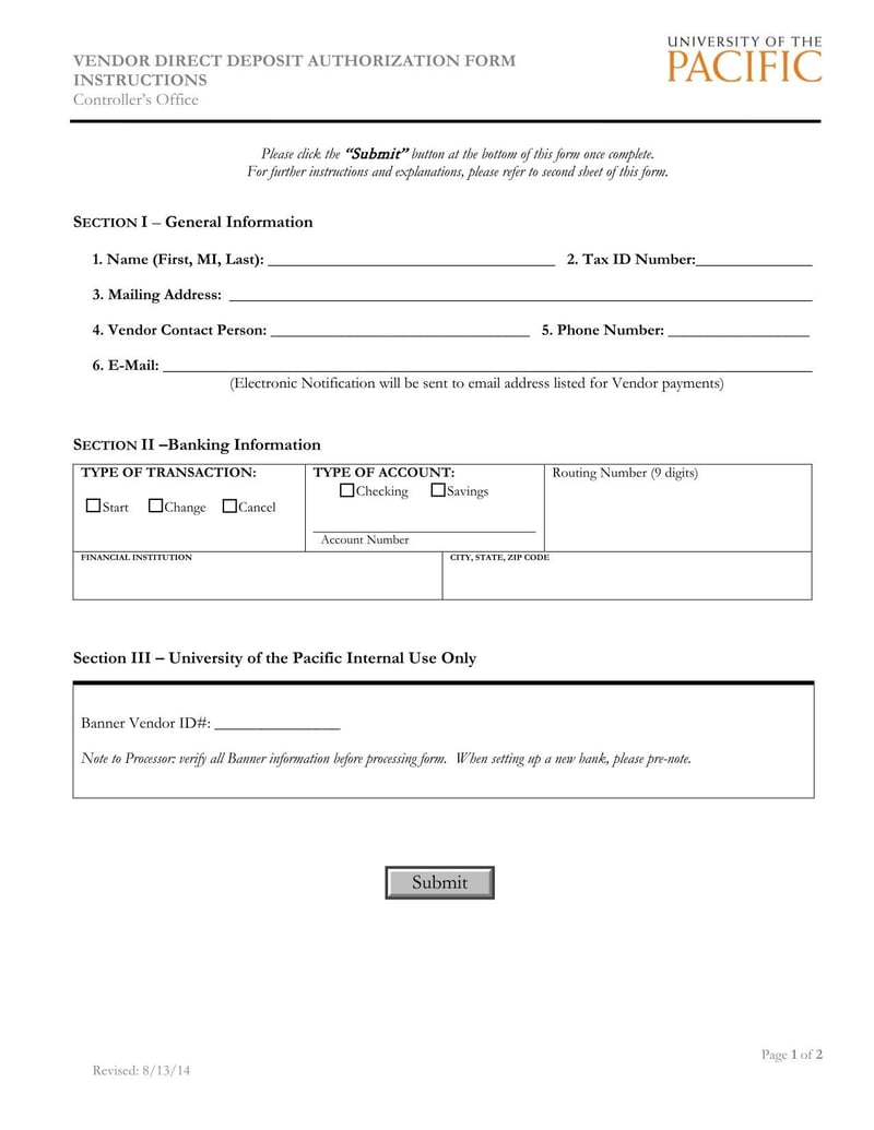 Large thumbnail of University of the Pacific Vendor Direct Deposit Authorization Form