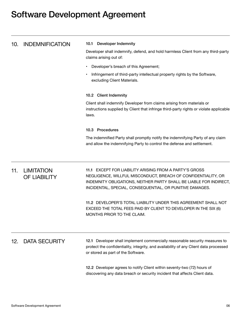 Software Development Agreement template for defining developer-client roles, deliverables and IP ownership