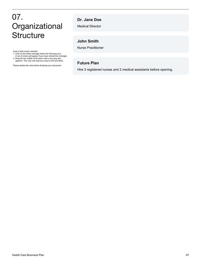 Health Care Business Plan for planning the structure, services and budgeting of a medical or wellness organization