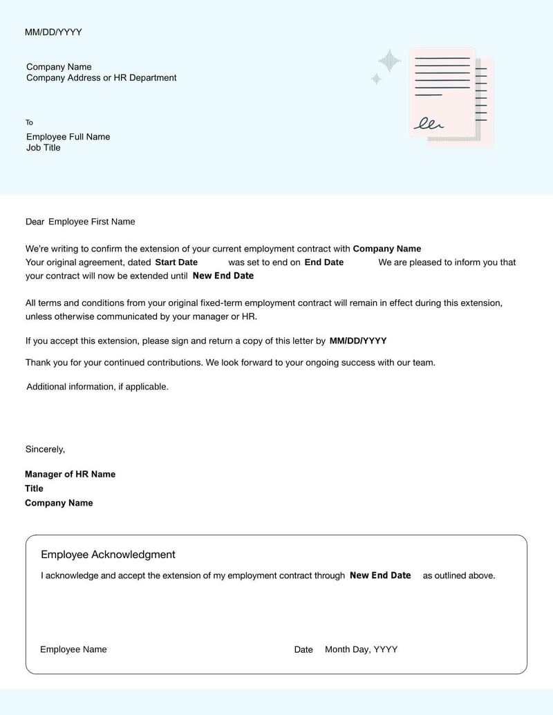 Extension of Contract Letter for formally extending the terms of an existing agreement