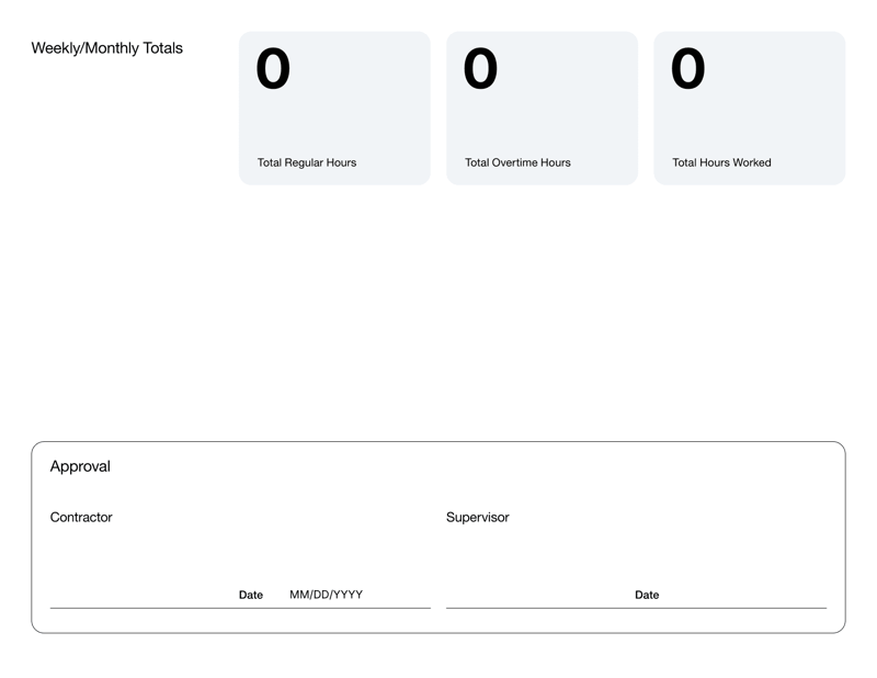 Contractor Timesheet with sections for contractor information, daily hours, tasks and supervisor approval