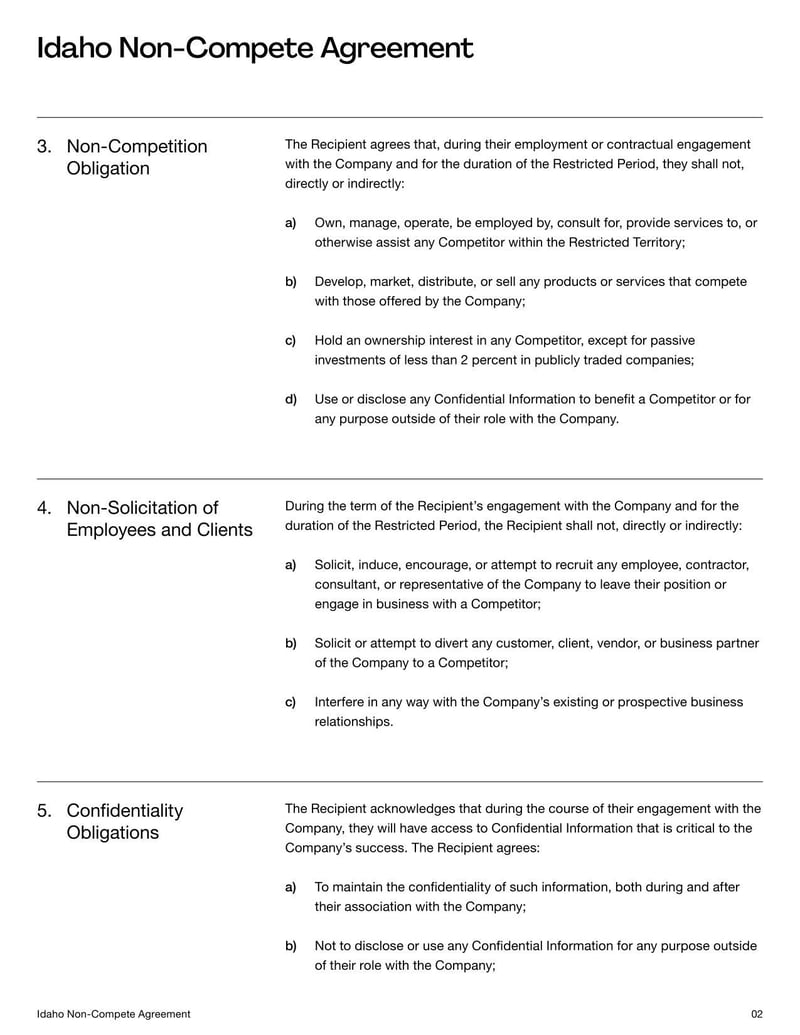 Non-Compete Agreement Idaho for specifying employment restrictions on competitive work within the state’s legal limits