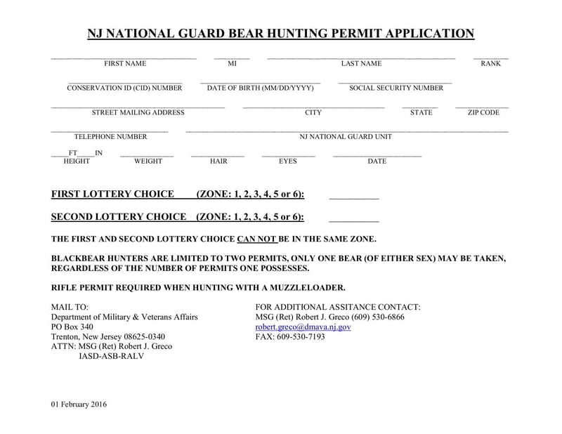 Large thumbnail of NJ National Guard Bear Hunting Permit Application - Feb 2016