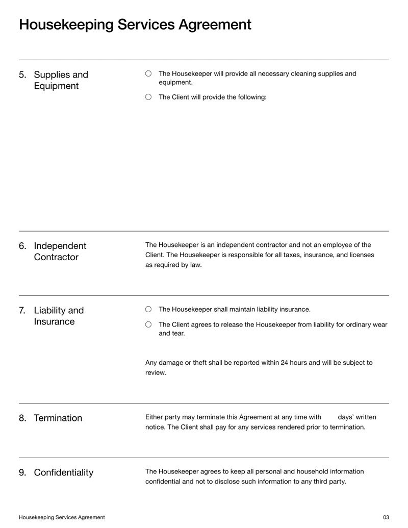 Housekeeping Contract template with sections for services, compensation and legal terms