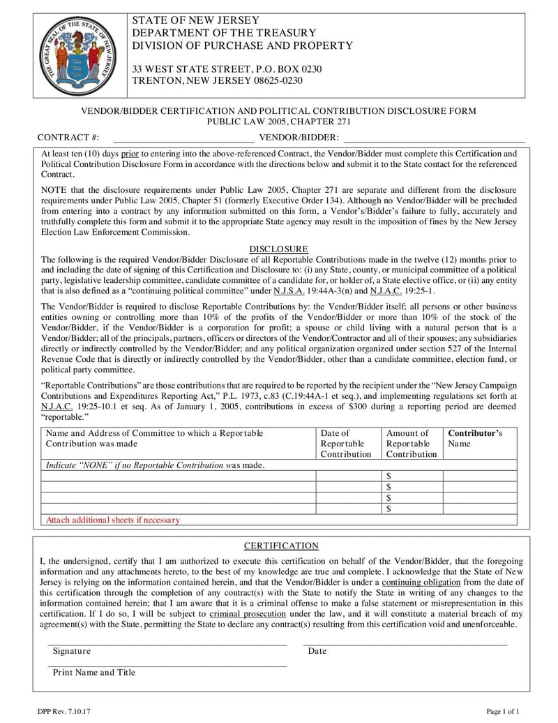 Large thumbnail of Vendor/Bidder Certification and Political Contribution Disclosure Form - Jul 2017