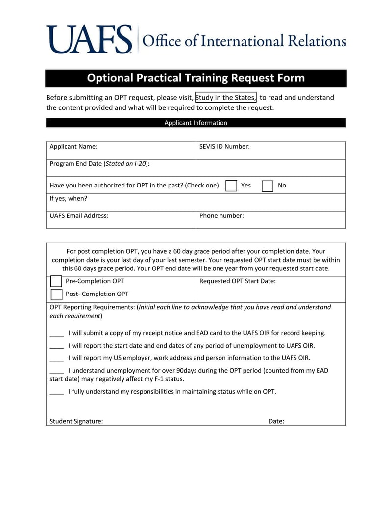 Large thumbnail of University of Arkansas - Fort Smith Optional Practical Training Request Form