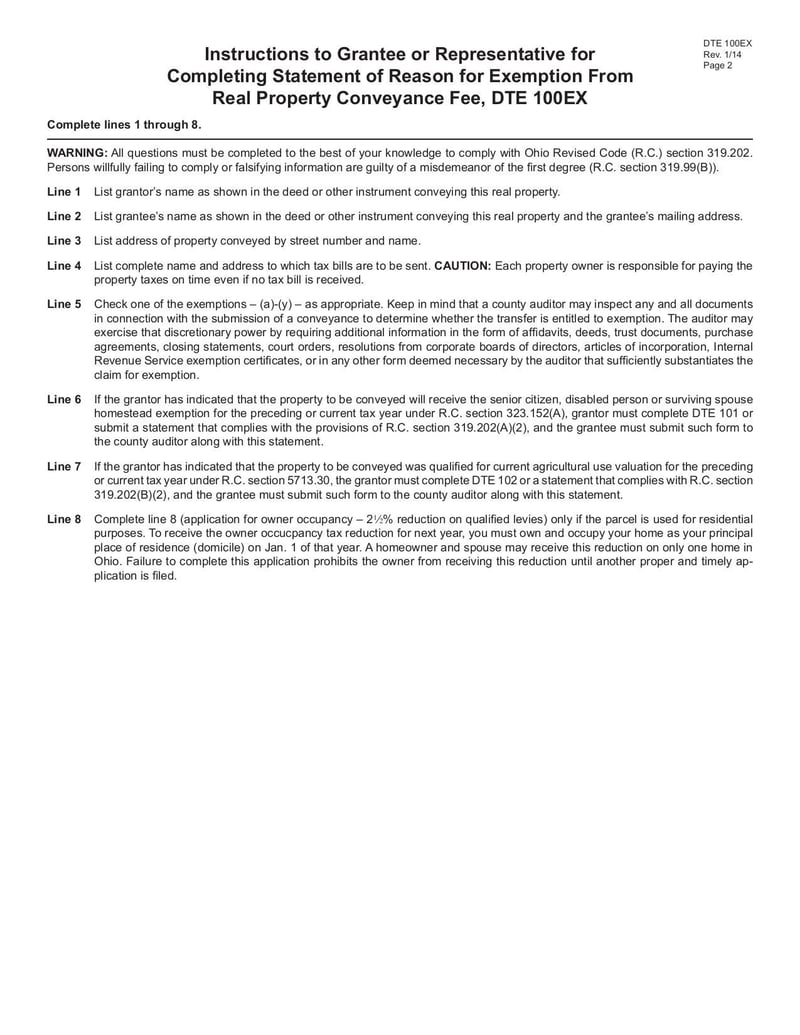 Large thumbnail of Statement of Reason for Exemption From Real Property Conveyance Fee (Form DTE 100EX) - Apr 2018