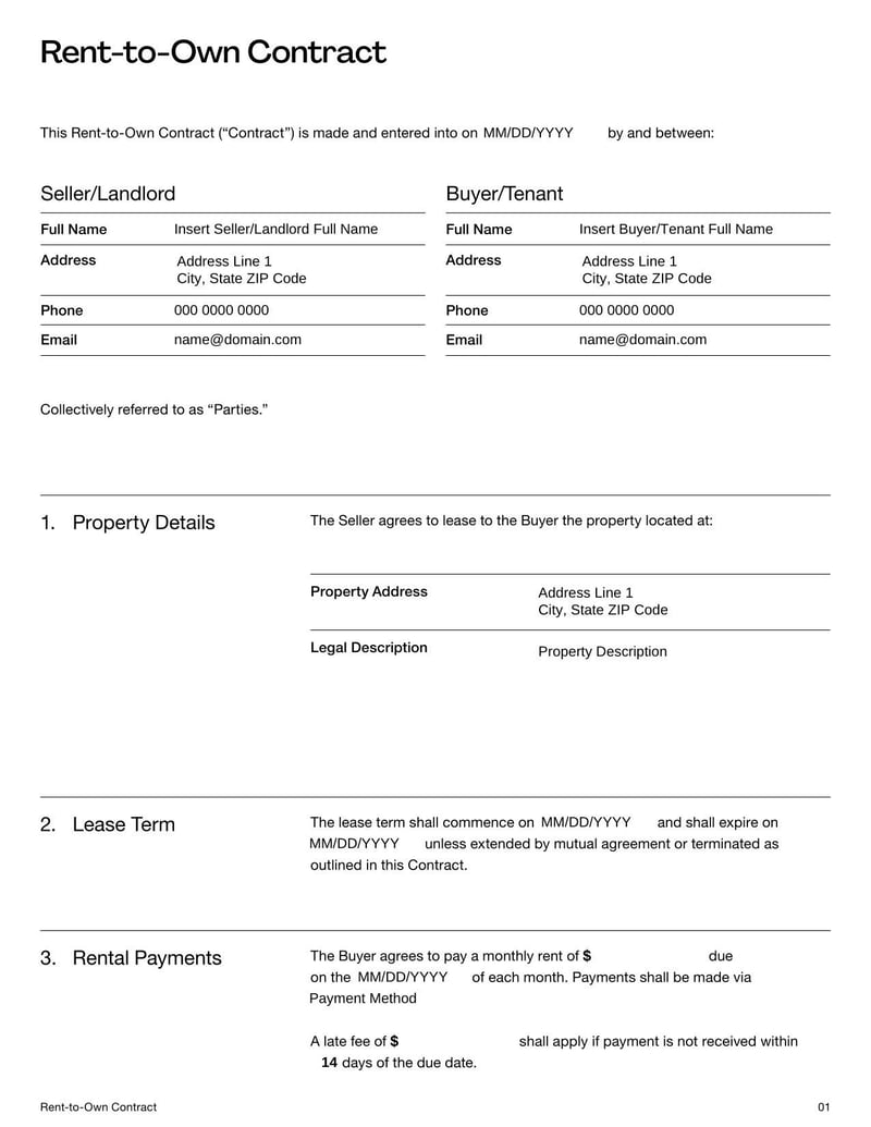 Rent to Own Contract detailing terms for leasing a property with an option to purchase, including payment schedule, purchase price, and tenant-buyer obligations