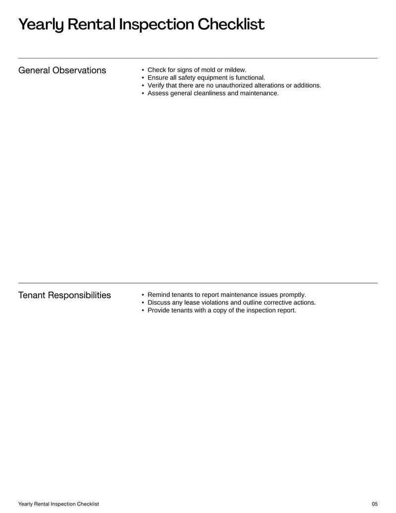 Yearly Rental Inspection Checklist for evaluating a property's condition, including structural elements, safety features, and maintenance needs