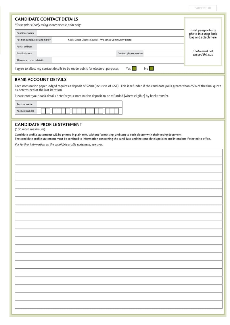 Large thumbnail of Waikanae Community Board By-Election Nomination Form - Jan 2022
