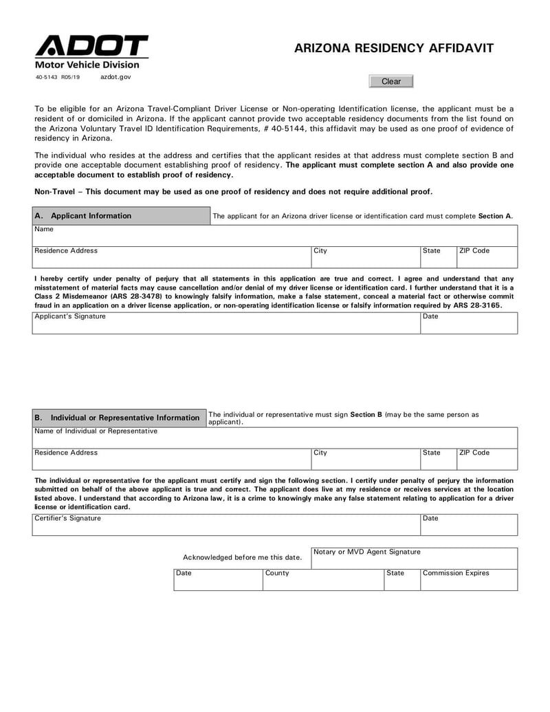 Large thumbnail of Arizona Residency Affidavit - Jun 2022