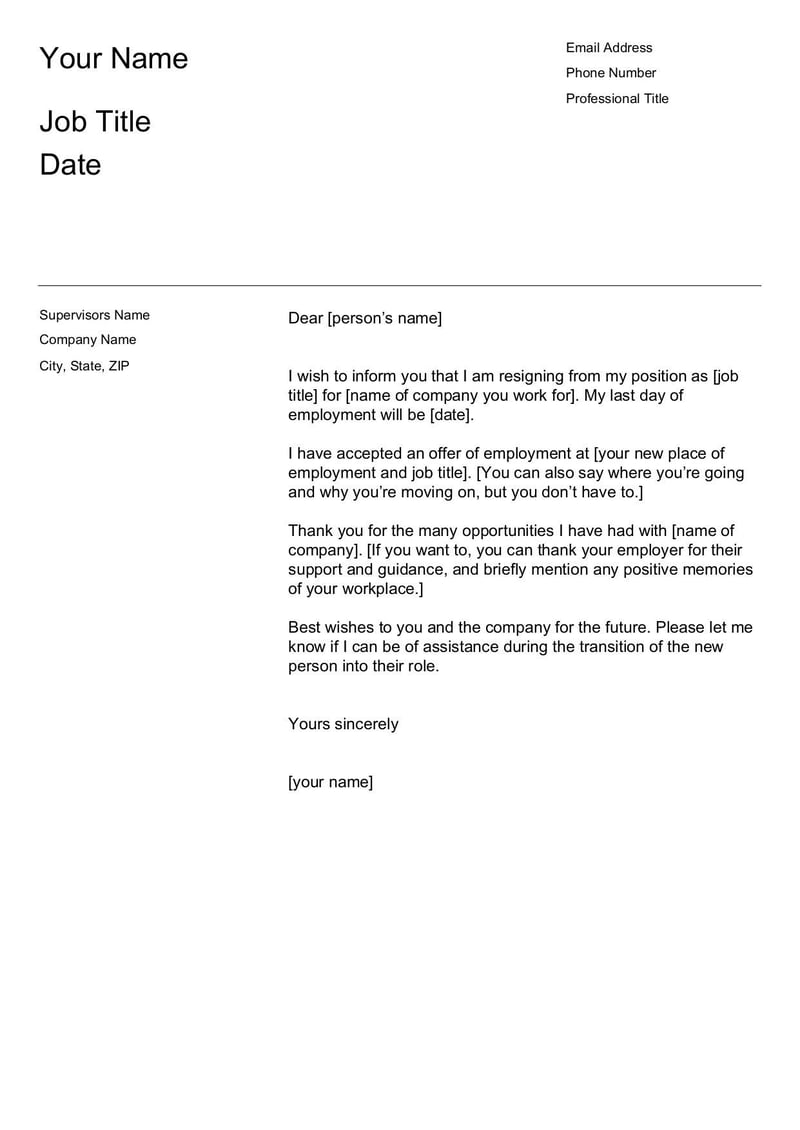 Resignation Letter Template with details for formally leaving a position