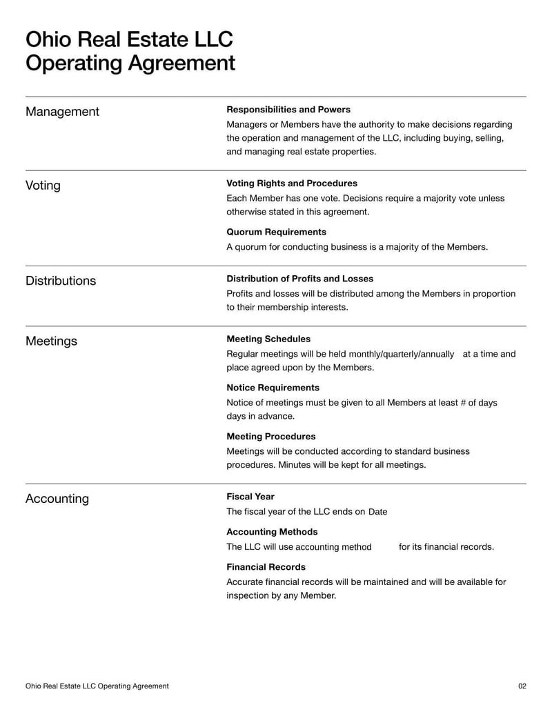 Ohio Real Estate LLC Operating Agreement detailing operations for an Ohio LLC focused on real estate