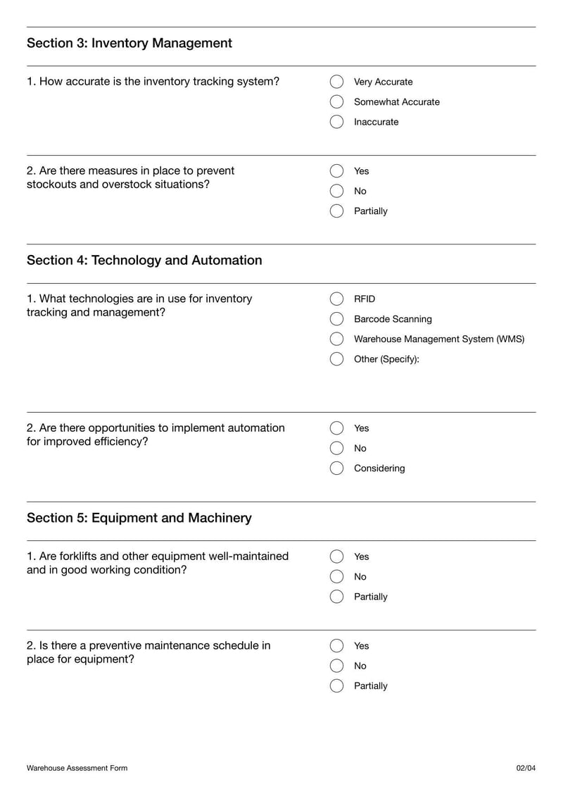 Warehouse Assessment Form evaluating storage facility conditions, including safety and inventory management
