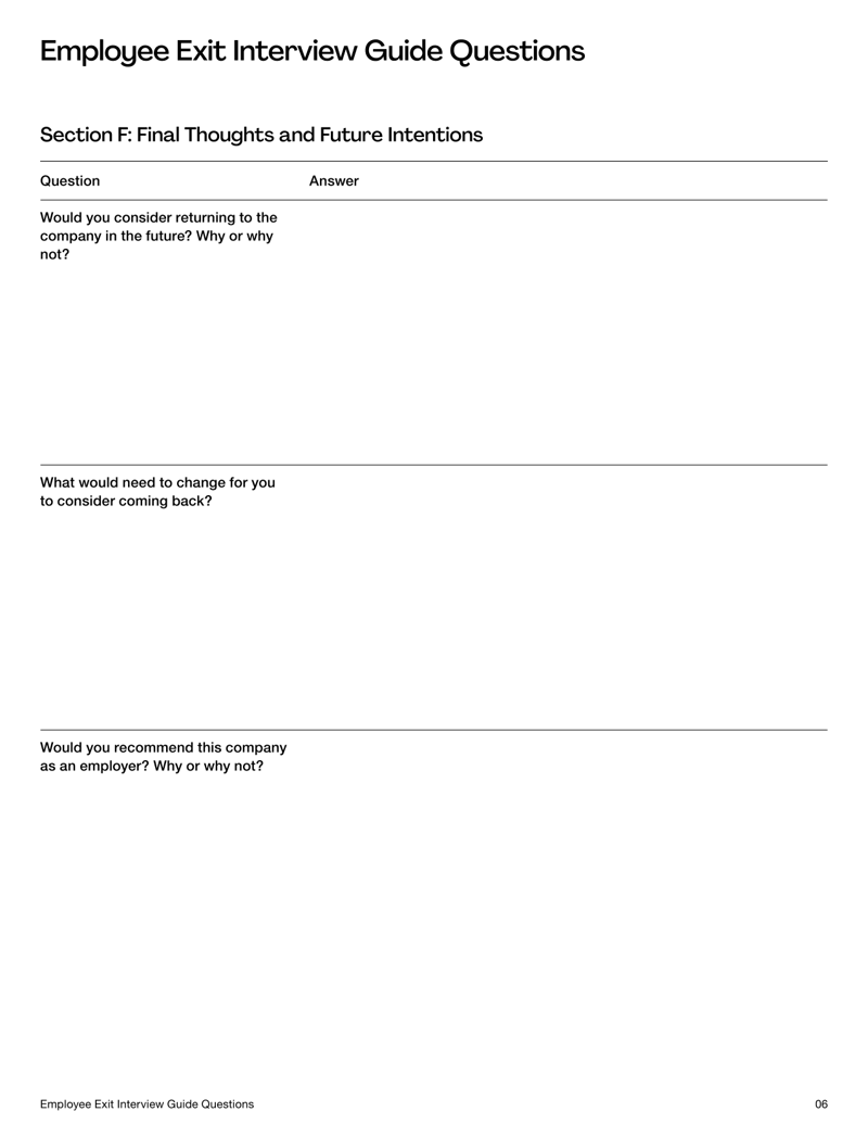 Employee Exit Interview Questions guide listing structured questions in sections on reasons for leaving, role experience, manager feedback, culture, compensation and final thoughts