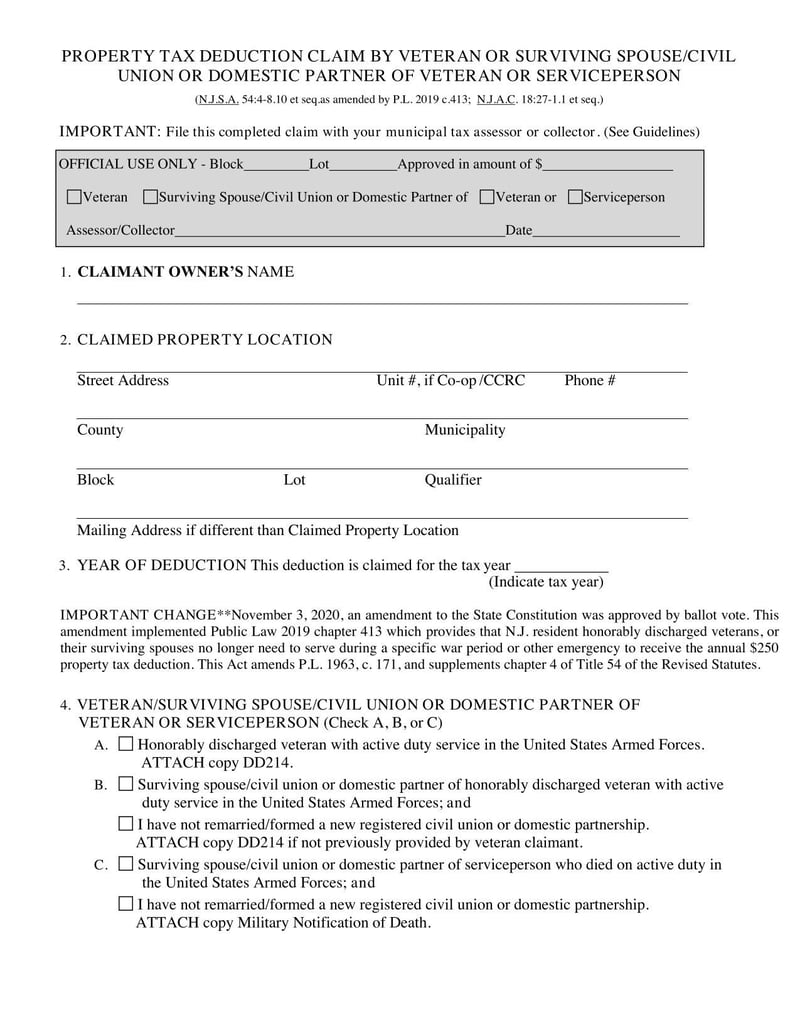 Large thumbnail of Property Tax Deduction Claim By Veteran or Surviving Spouse/Civil Union or Domestic Partner of Veteran or Serviceperson - 2020