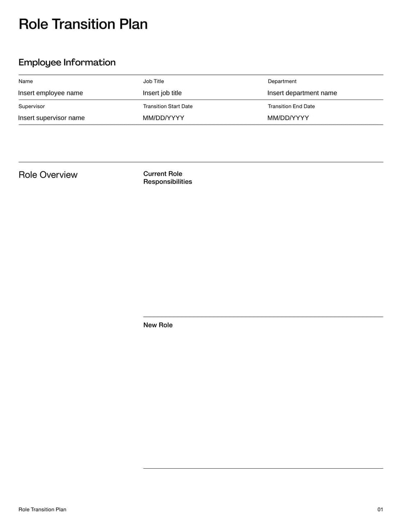 Role Transition Plan Template for outlining responsibilities, timelines, and tasks during a job transition