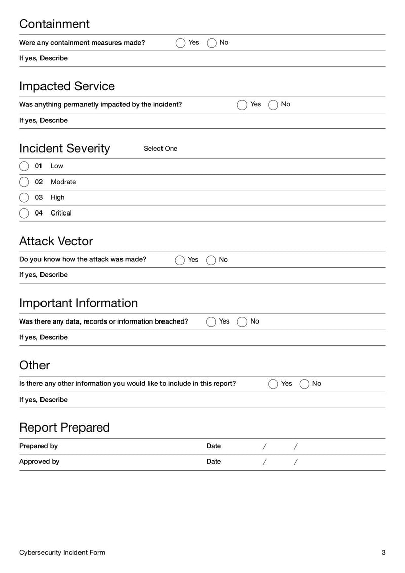 Cybersecurity Incident Report Form documenting security breaches, response actions, and mitigation steps to protect data