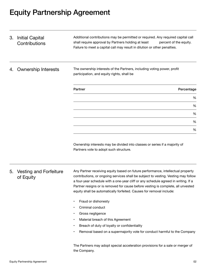 Equity Partnership Agreement defining ownership shares, profit distribution, management responsibilities, and obligations between partners under US law