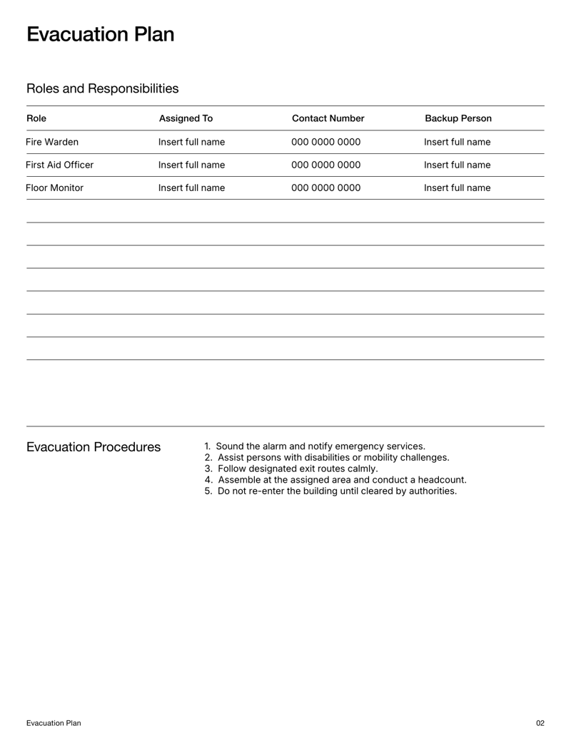 Evacuation Plan Template with sections for emergency routes, assigned safety roles and evacuation procedures