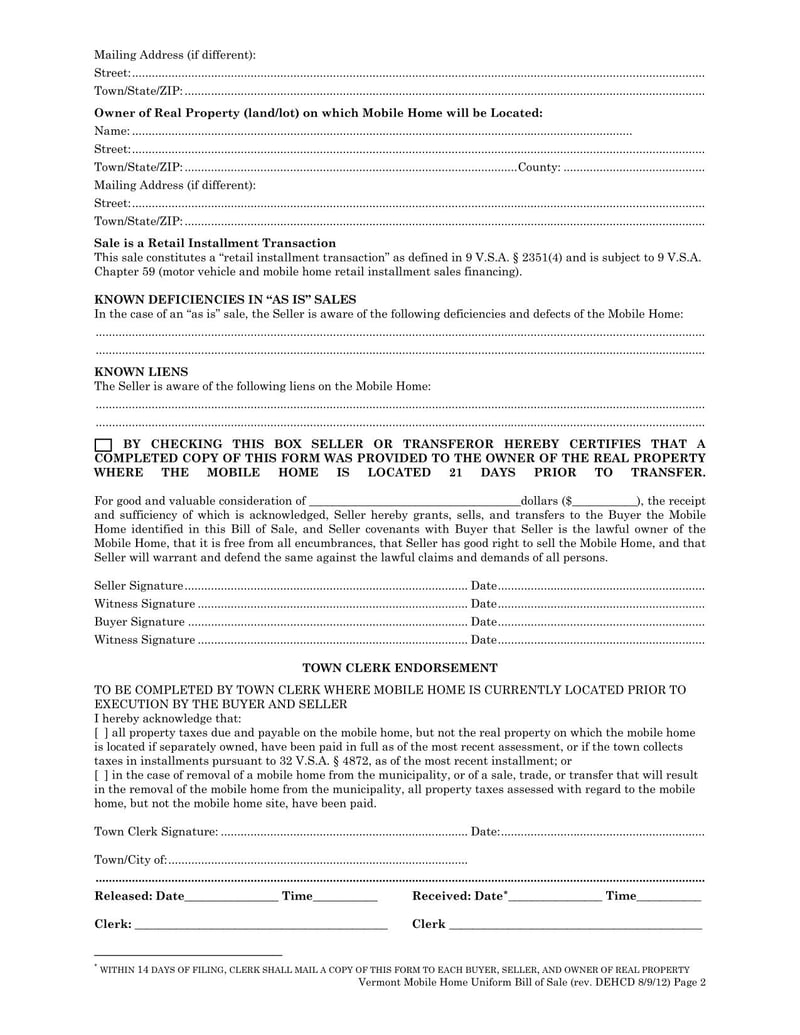 Large thumbnail of Vermont Mobile Home Uniform Bill of Sale