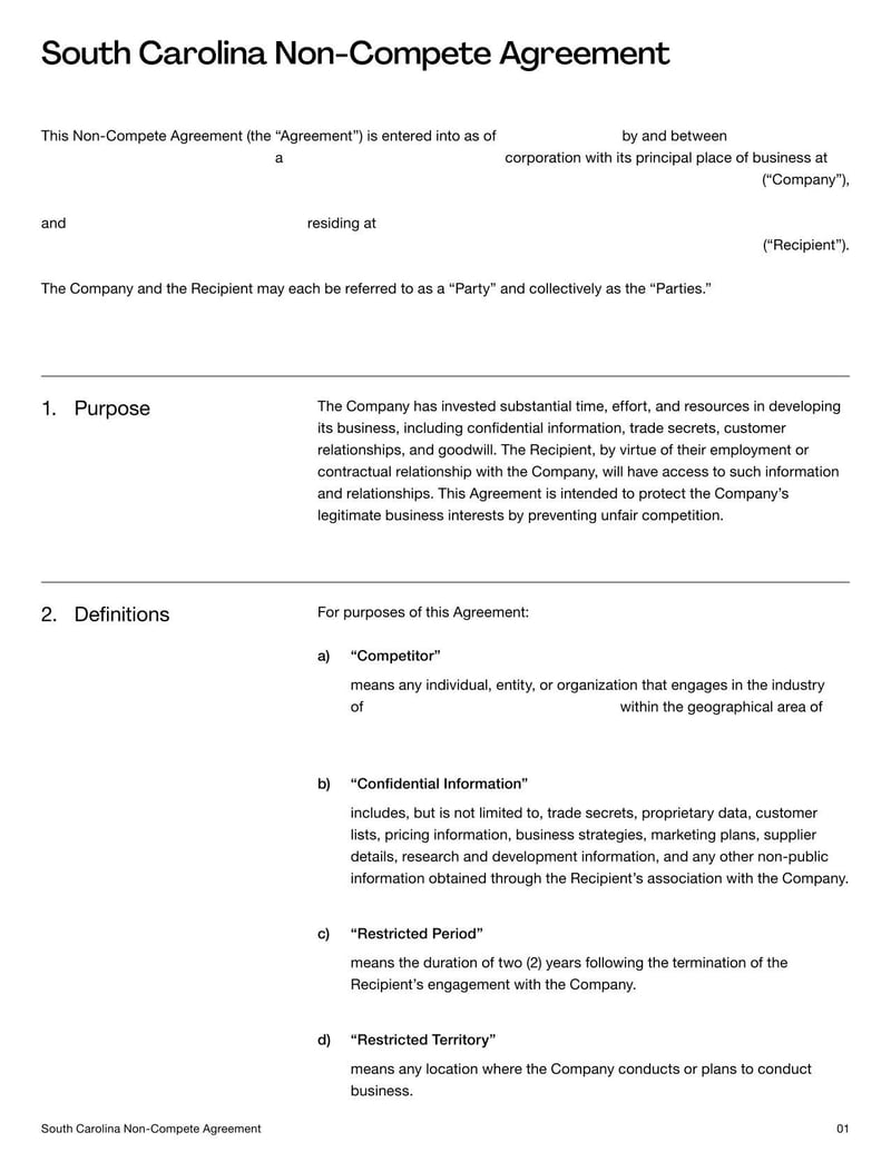 Non-Compete Agreement South Carolina for specifying employment restrictions on competitive work within the state’s legal limits