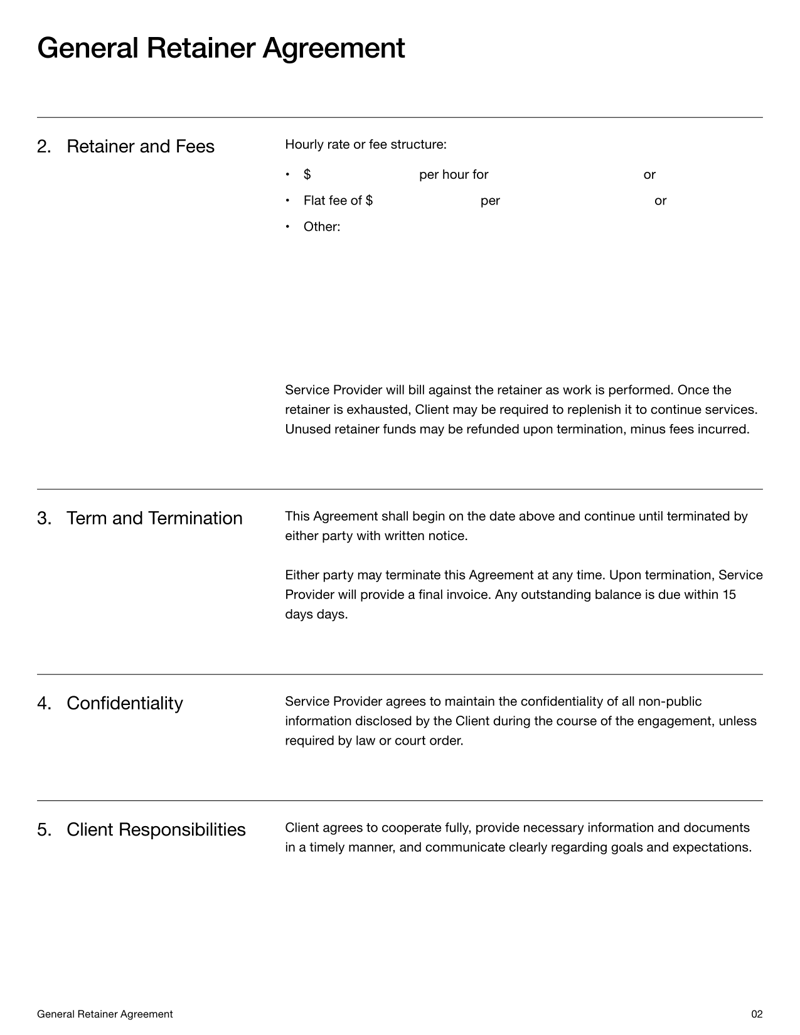 Retainer Agreement Template for outlining service terms, payment structure and legal obligations