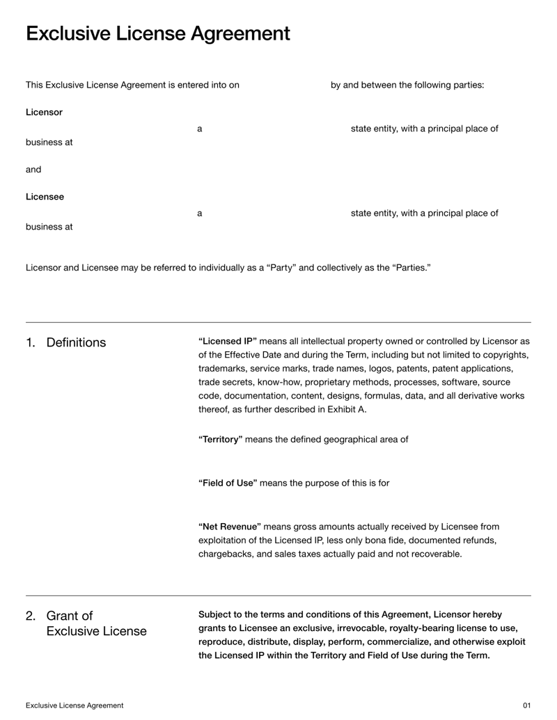 Exclusive License Agreement granting exclusive rights to use and commercialize intellectual property with royalty and termination terms