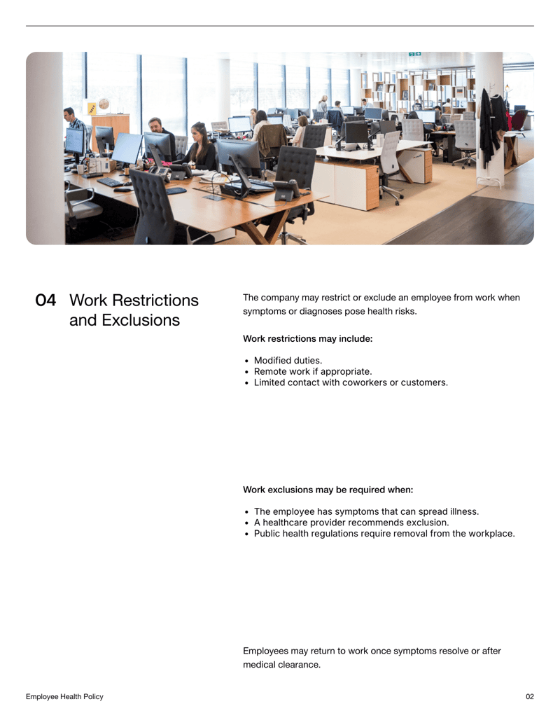 Employee Health Policy template with sections for reporting symptoms, workplace restrictions, hygiene rules and signature fields