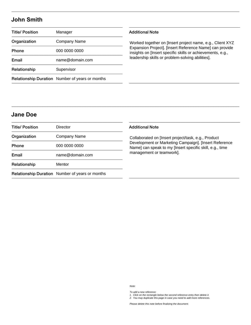 Professional Reference List Template for listing contacts who can verify your qualifications and experience