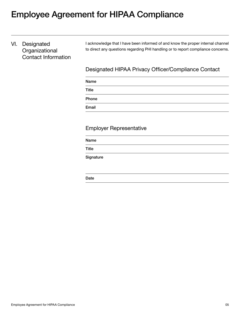 Employee HIPAA Compliance Form acknowledging responsibilities for PHI privacy, security and breach reporting