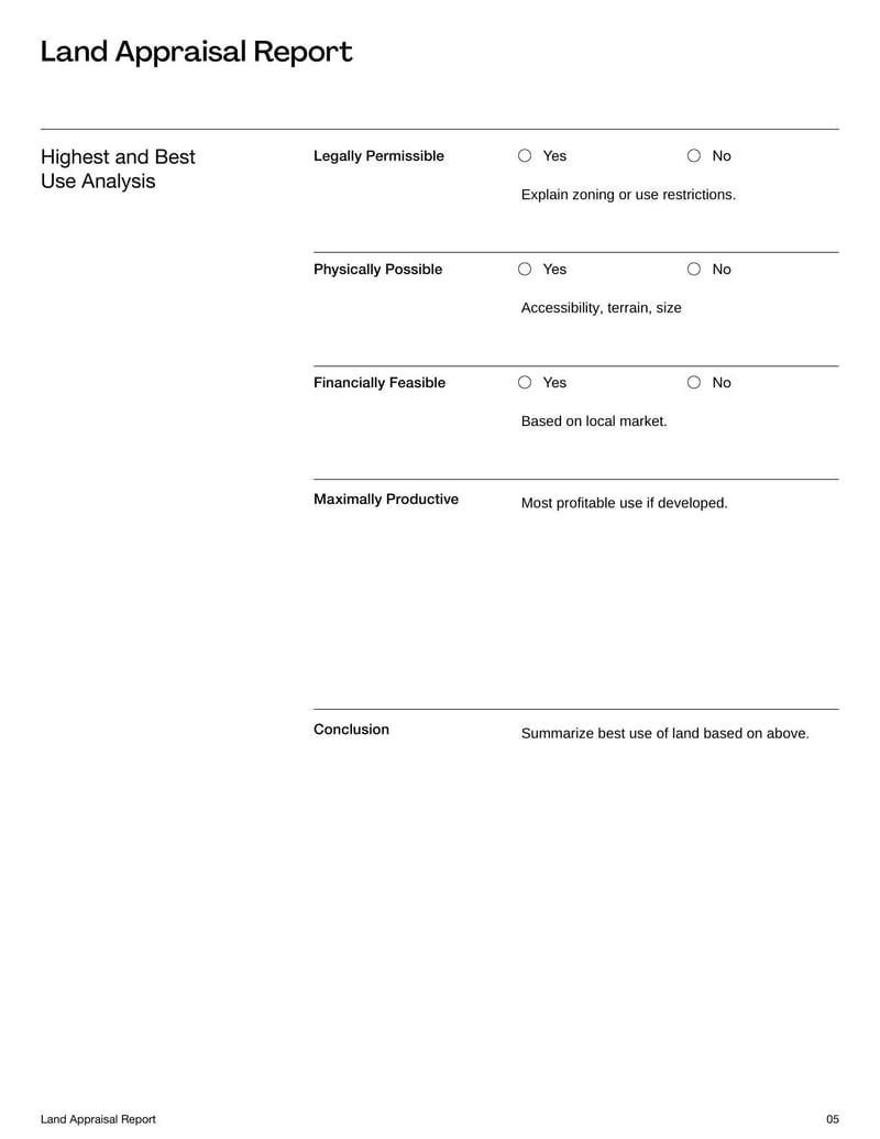 Land Appraisal Report Template helps assess the value of a land parcel for purchase, sale, or development decisions
