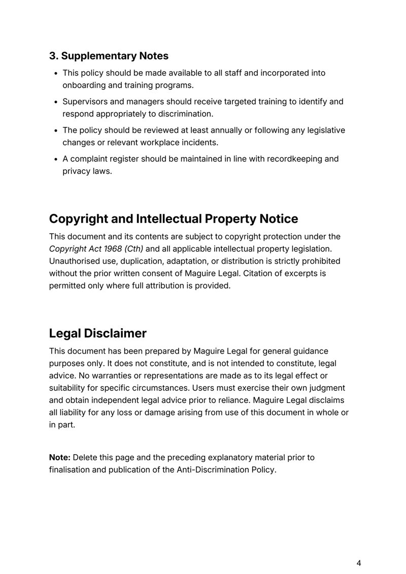 Anti-Discrimination Policy for Australian workplaces covering equality, compliance and complaint procedures