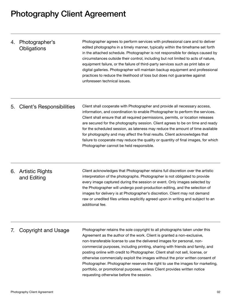 Photography Client Agreement Contract detailing services, fees, cancellation terms, copyright ownership and client responsibilities