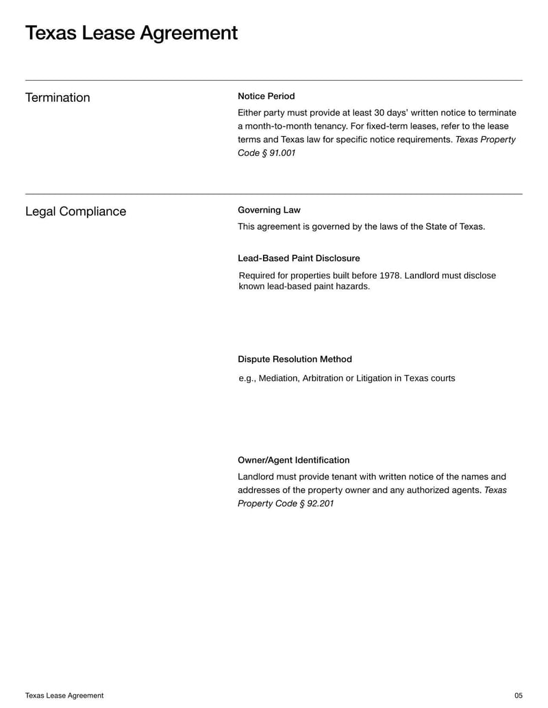 Texas Lease Agreement for rental terms in Texas