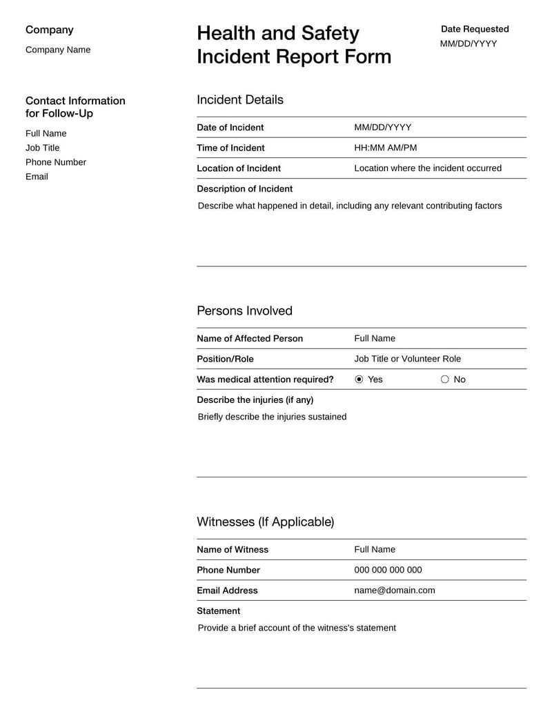 Health and Safety Incident Report Form for New Zealand for recording accidents and injuries in the workplace