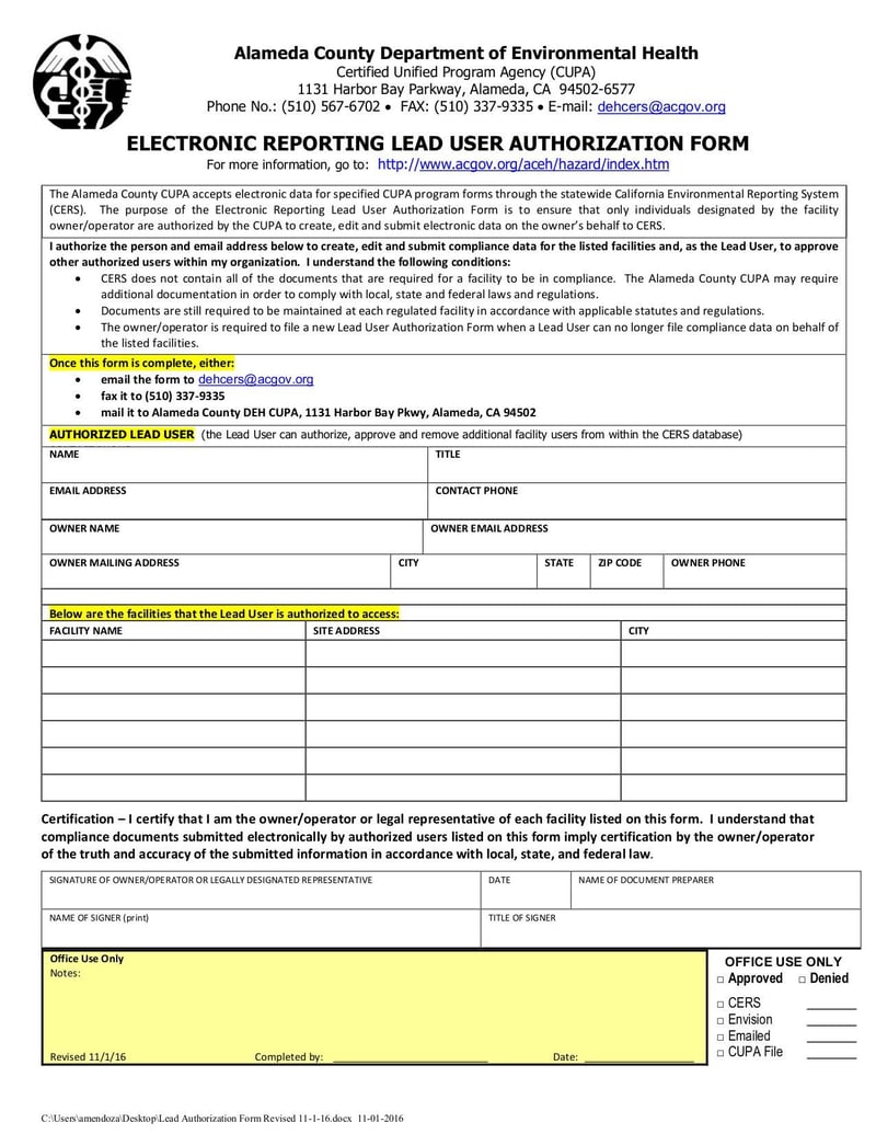 Large thumbnail of Electronic Reporting Lead User Authorization Form - May 2018
