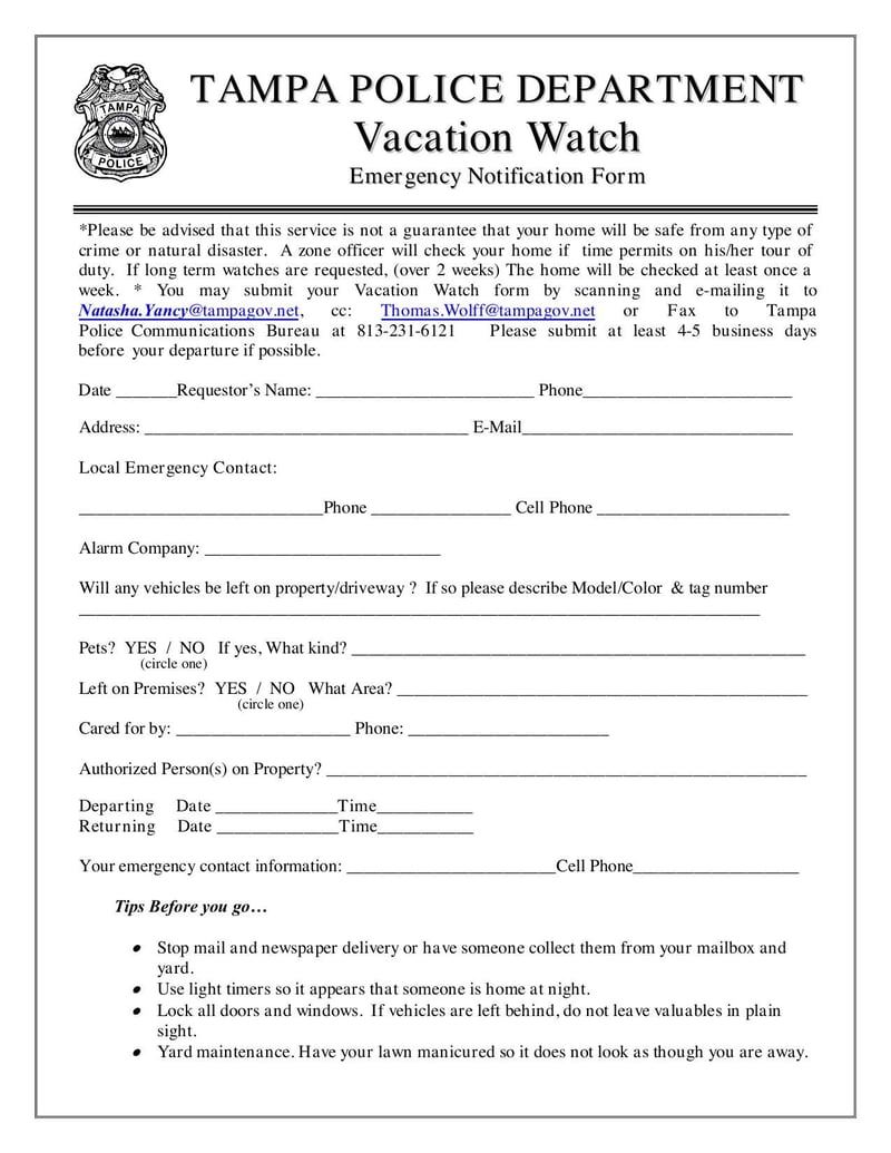 Large thumbnail of Vacation Watch Emergency Notification Form - Jun 2019