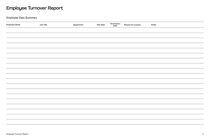 Employee Turnover Report template with employee details, turnover metrics, reasons for leaving and summary notes