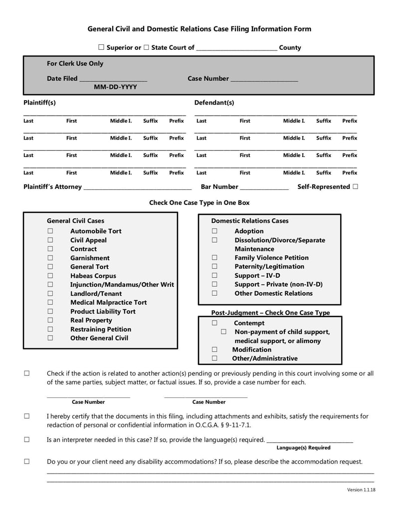 Large thumbnail of General Civil and Domestic Relations Case Filing Instructions - Dec 2017