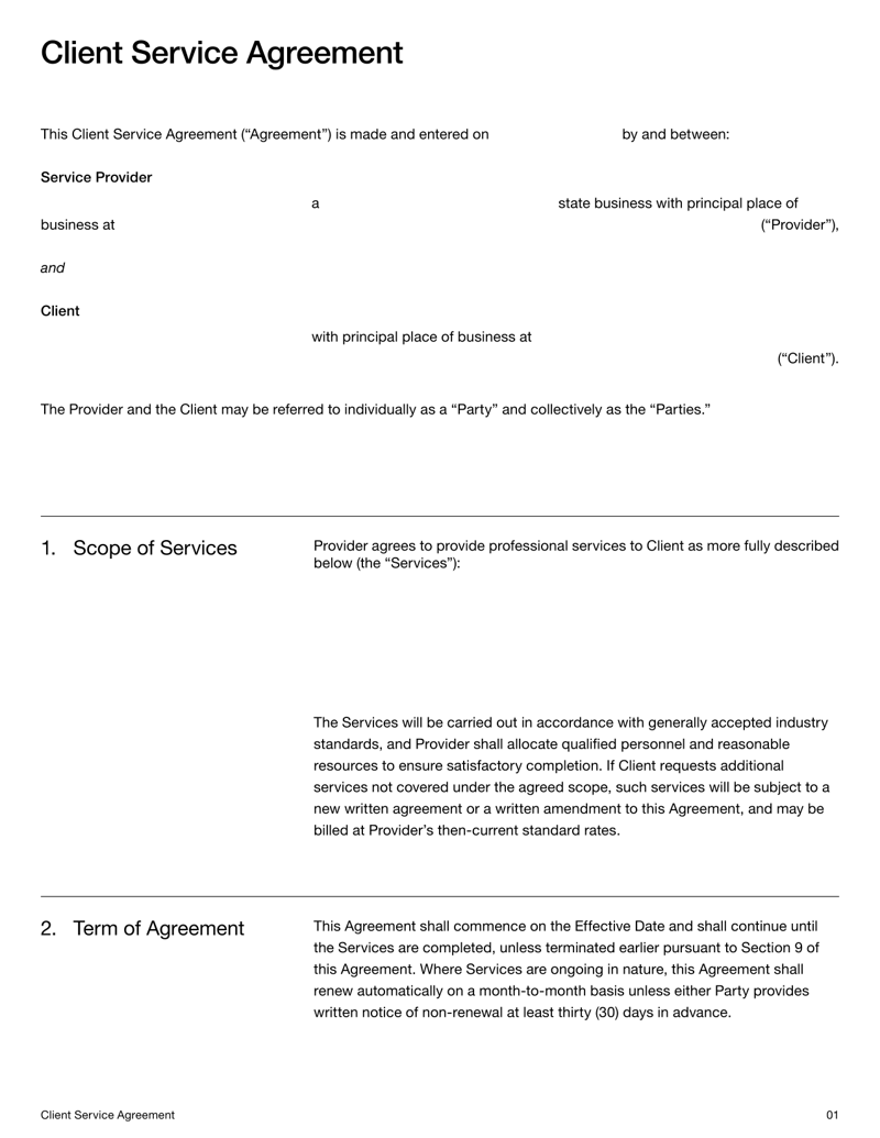Client Service Agreement covering scope of services, fees, responsibilities and dispute resolution