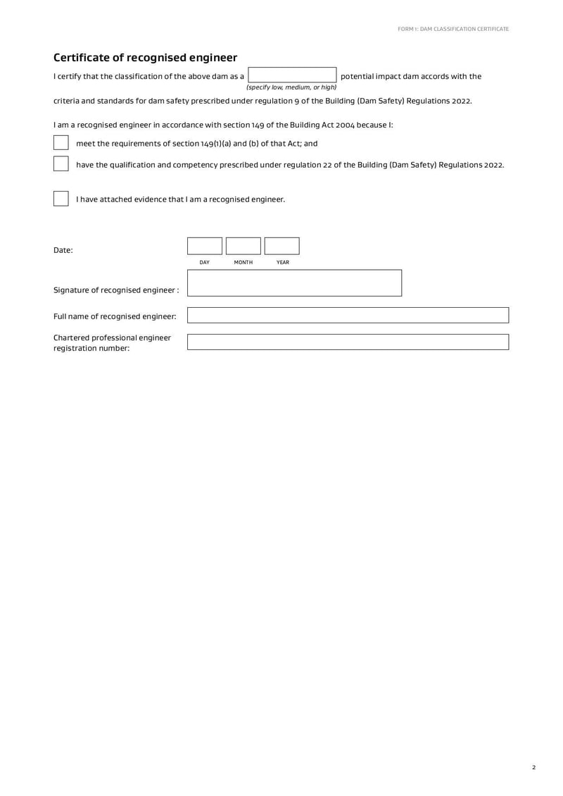 Large thumbnail of Dam Classification Certificate Form - May 2022