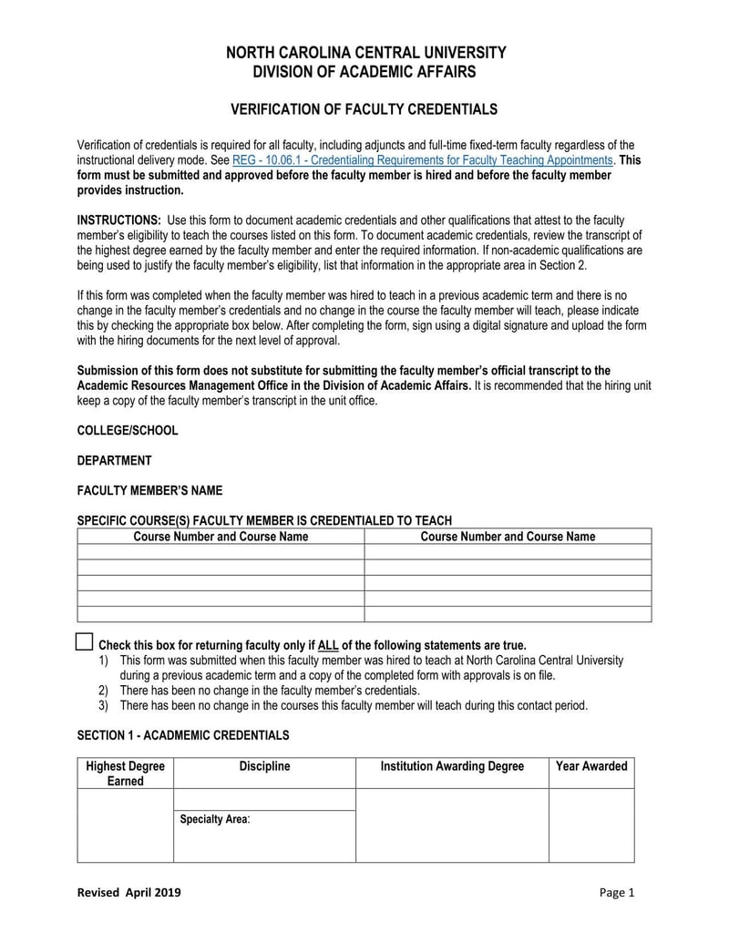 Large thumbnail of North Carolina Central University Verification of Faculty Credentials