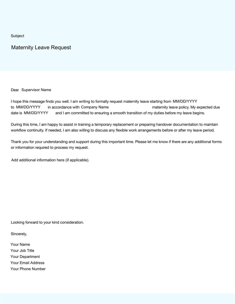 Maternity Leave Request Template for formally requesting time off for pregnancy, childbirth, and recovery