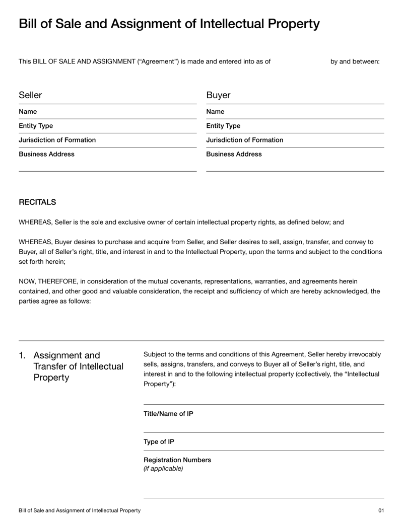 Bill of Sale for Intellectual Property template outlining the transfer of IP rights between parties