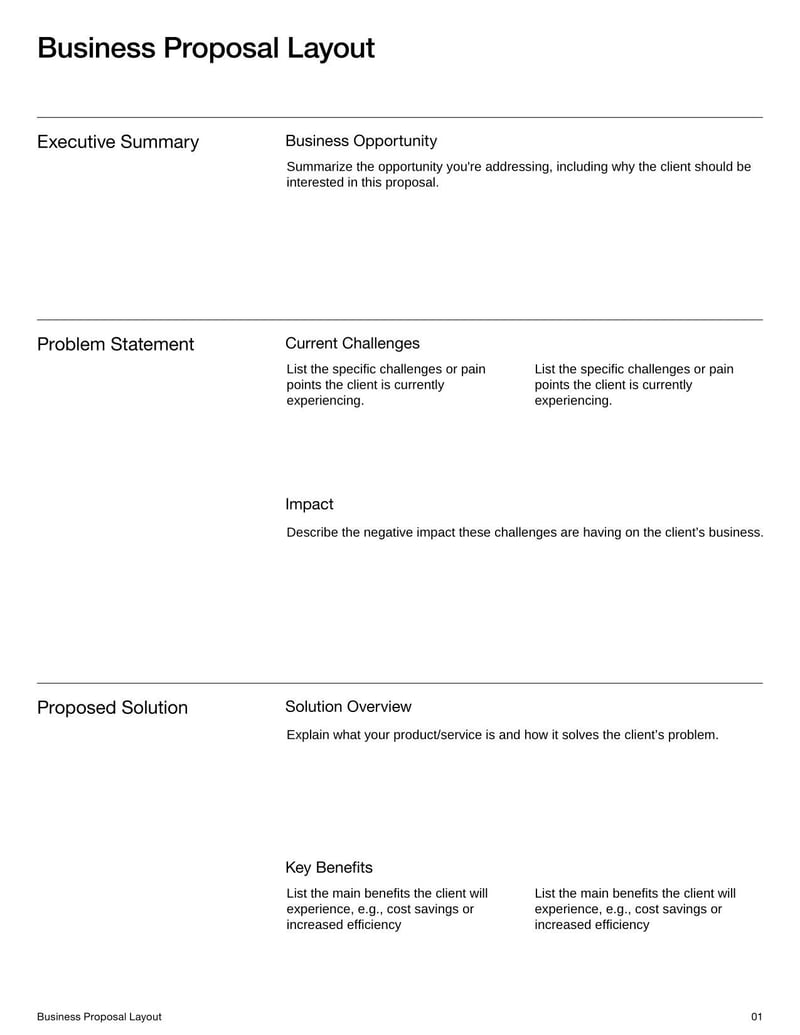 Business Proposal Layout for structuring a proposal to present to stakeholders or clients