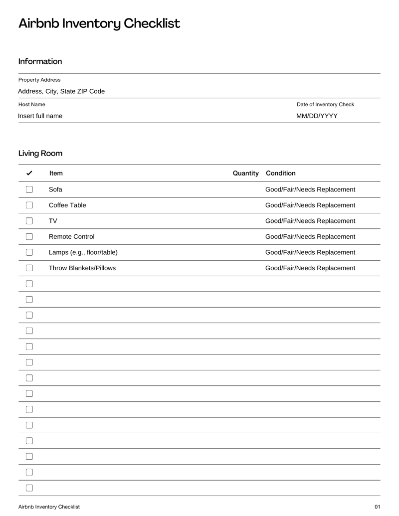 Airbnb Inventory Checklist for hosts to track property items, conditions and guest-ready supplies