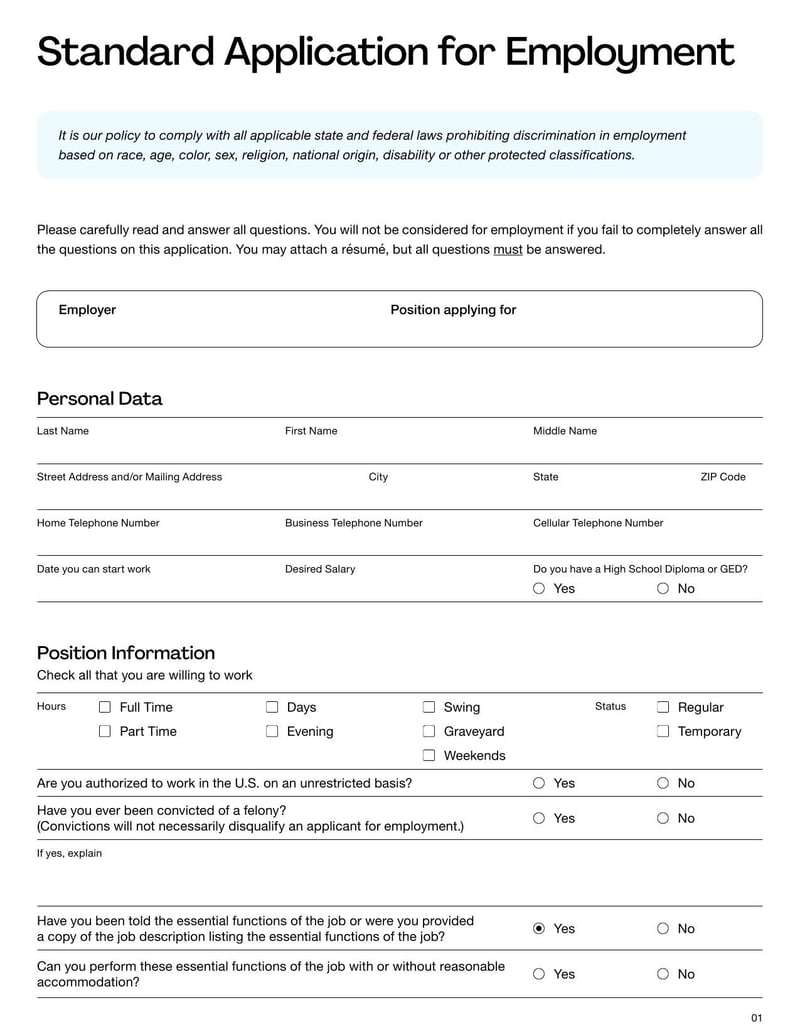 Large thumbnail of Application for Employment Template