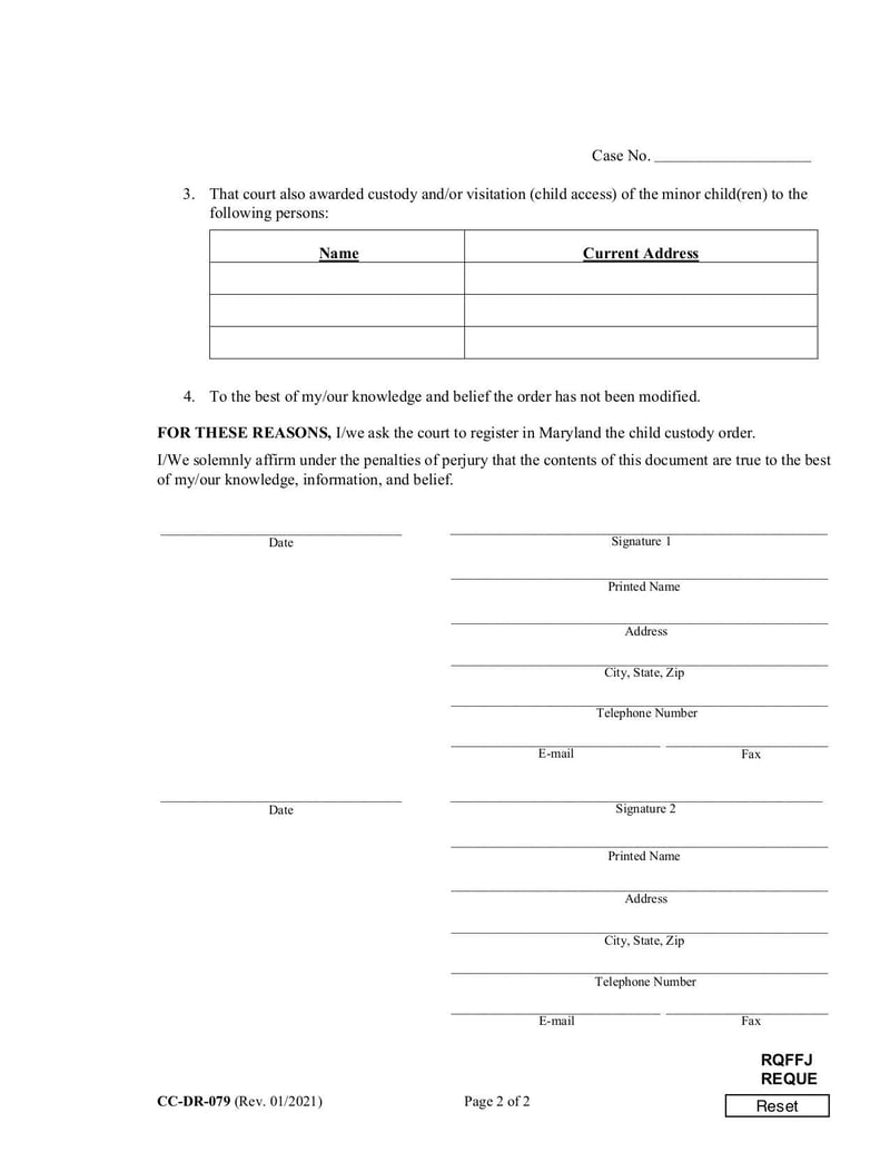 Large thumbnail of Request to Register an Out-of-State Child Custody Order (Form CC-DR-079) - Jan 2021