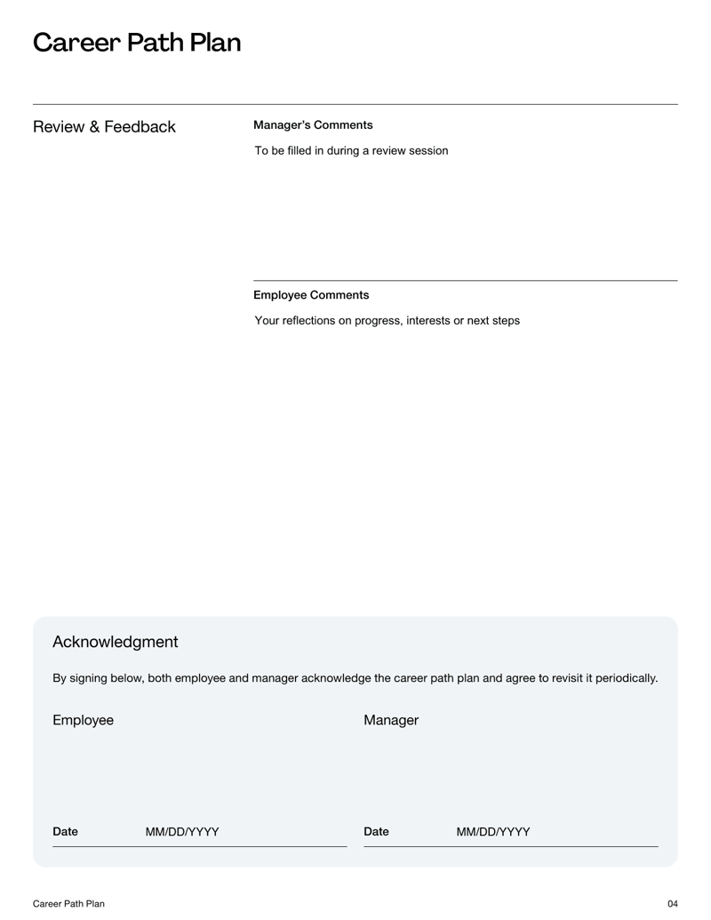 Career Path Plan with goal-setting, skill assessment and development tracking fields